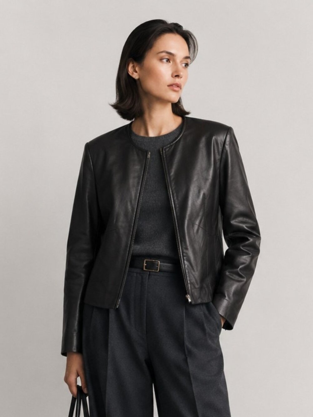 Charter Club Women’s Size 10 Black Genuine Leather Collarless Zip Jacket